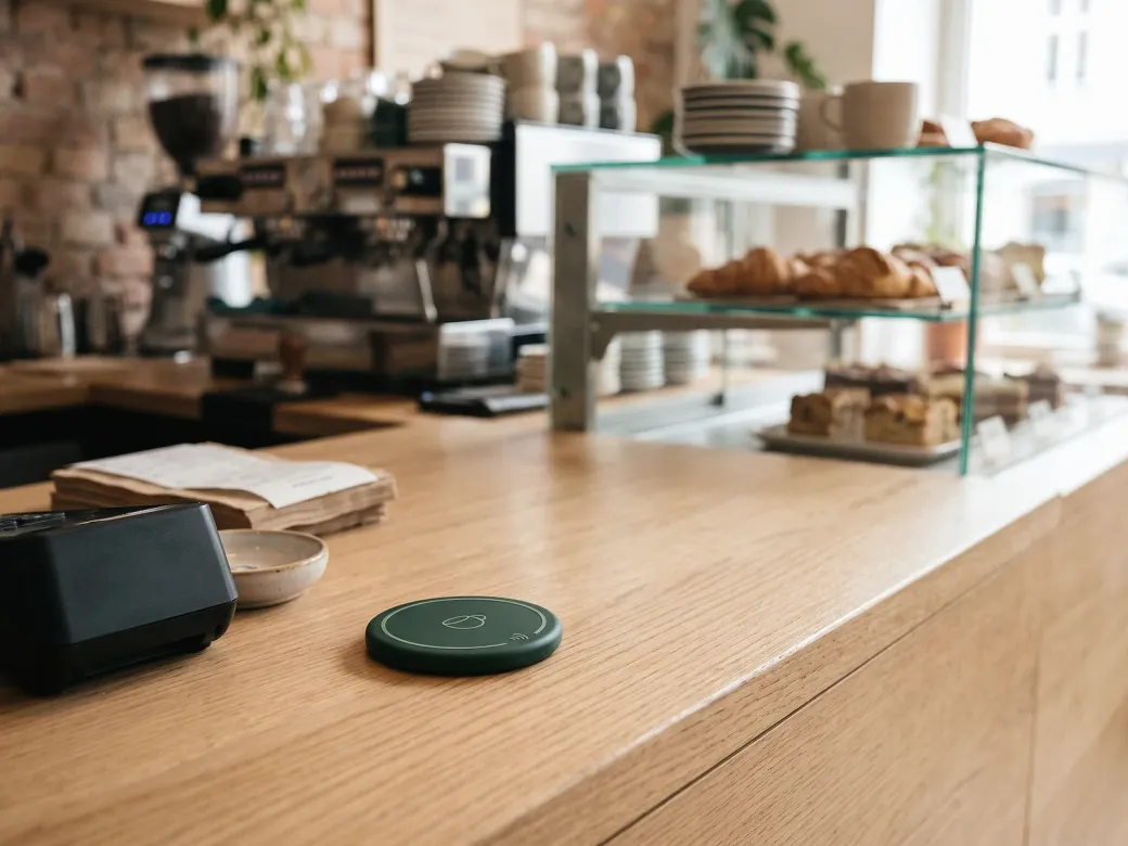 Grüner Chip auf einer Café-Theke aus Holz, dahinter Siebträgermaschine und Kuchenvitrine.