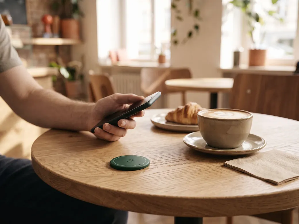 Gast mit Smartphone an einem Café-Tisch, daneben der grüne Chip, Cappuccino und Croissant.