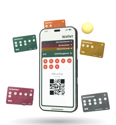 بطاقات ولاء Thekla لمقهى ومخبز وبار ومحلات أخرى تطفو حول هاتف ذكي، وفيه بطاقة أختام تمتلئ داخل المحفظة.