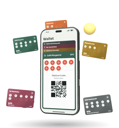 Kafe, fırın, bar ve diğer dükkânlar için Thekla sadakat kartları, Wallet’taki bir damga kartının dolduğu bir akıllı telefonun etrafında süzülüyor.