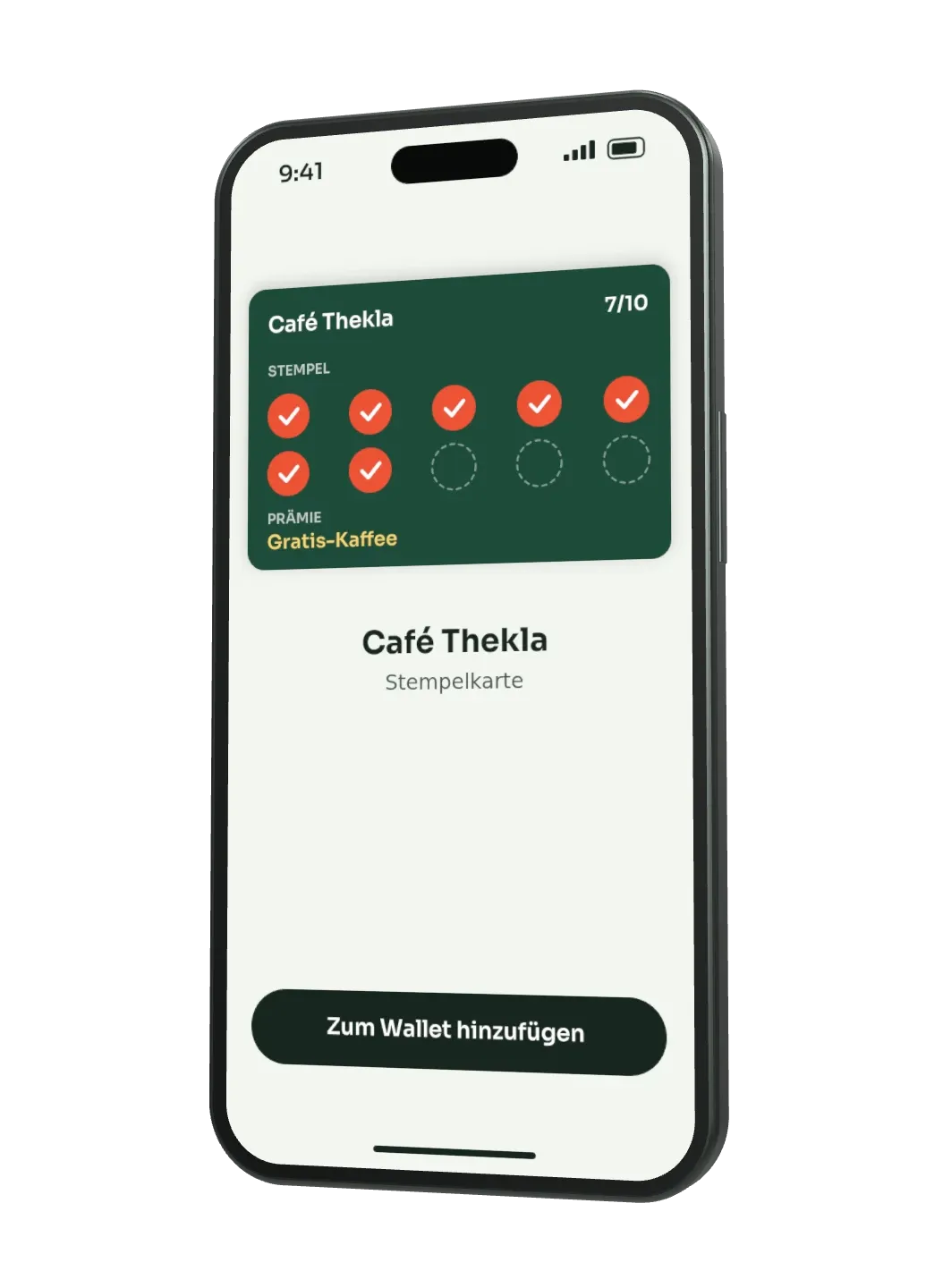 Handy zeigt die Stempelkarte von Café Thekla mit dem Knopf „Zum Wallet hinzufügen“